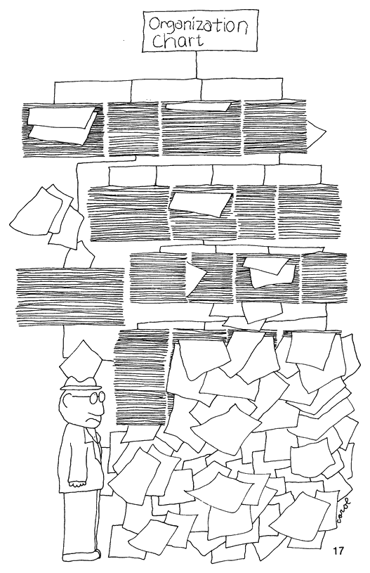 A frowning man in a hat and glasses stands below an organization chart, labeled "Organization Chart", whose boxes are filled with paper stacks, with a mass of sheets pouring down its lowest level. Drawn by Carol.