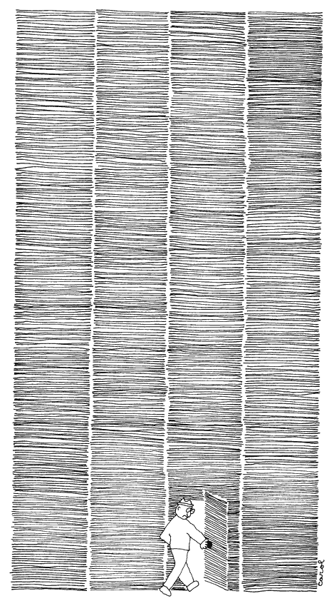 A small man in a cap opens a narrow door in the bottom of a towering wall of paper stacks and steps through. Drawn by Carol.