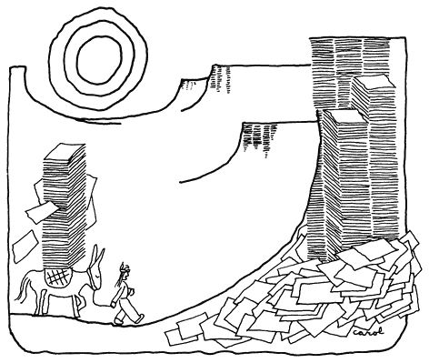 A person leading a donkey loaded with a tall stack of paper walks through a desert canyon toward a cliff of paper stacks and a heap of fallen sheets, under a sun drawn as concentric rings. Drawn by Carol.